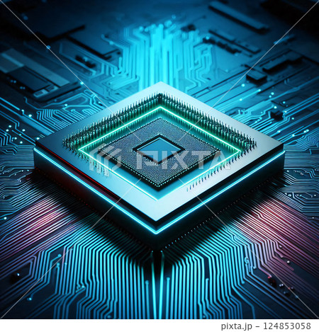 Computer Chip Dark Background with Circuit Board Texture 124853058
