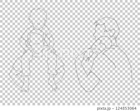 Father carrying son on shoulders Father holding baby Hand-drawn simple line illustration 124853064