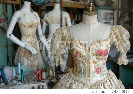 Dresses from the latest collection on mannequins in a modern atelier. Stunning dresses from the latest collection are elegantly displayed on mannequins, showcasing the artistry of modern fashion. 124853091