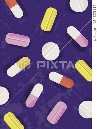 Medical pills and capsules background. Pharmaceutical theme textured design for web banner, social media, wallpaper, cover. 124853112