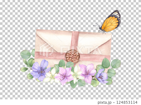 Spring flower bouquet, butterfly and sealed envelopes for letters watercolor illustration isolated background. Blue, pink , white flowers and orange moth insect for greeting cards, invitation design 124853114