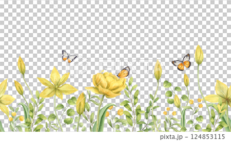 Watercolor spring yellow tulip flowers, meadow plants, herbs and flying butterflies seamless horizontal banner isolated background. Wild primroses floral illustration for wedding, greeting card. 124853115