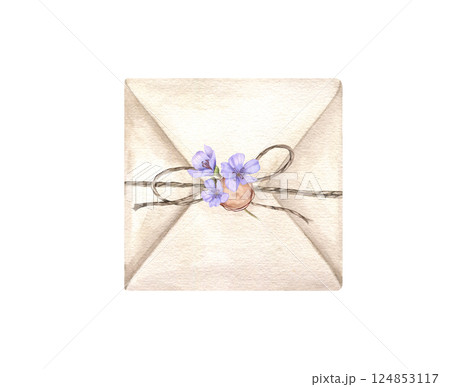 Watercolor mail envelope tied with jute and sealed with brown round wax with blue wildflowers illustration isolated background. Vintage close letter ready for sending with rope bow and spring flowers. Watercolor mail envelope tied with jute and sealed with brown round wax with blue wildflowers illustration isolated background. Vintage close letter ready for sending with rope bow and spring flowers. 124853117