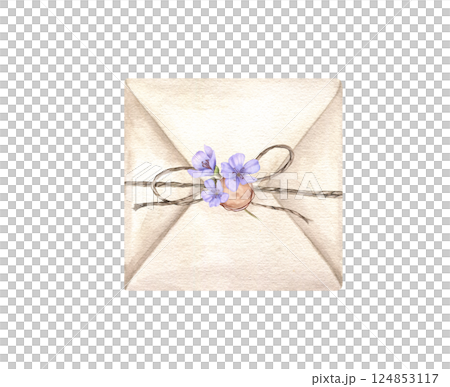 Watercolor mail envelope tied with jute and sealed with brown round wax with blue wildflowers illustration isolated background. Vintage close letter ready for sending with rope bow and spring flowers. 124853117