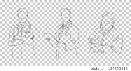 補聴器を持つ男性・男の医者・医師 手描きのシンプルラインアート・線描き イラスト素材セット背景透過 補聴器を持つ男性・男の医者・医師 手描きのシンプルラインアート・線描き イラスト素材セット背景透過 124853118