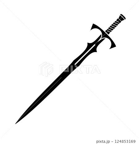 Fantasy Sword Silhouette Vector Illustration. This vector illustration features a bold and stylized silhouette of a fantasy sword. 124853169