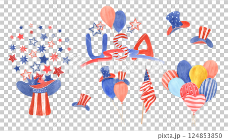 American flags, stars, hats, balloons watercolor illustration isolated background. Traditional holiday symbols in national colors. Happy 4th of July USA Independence Day set. For celebration party 124853850