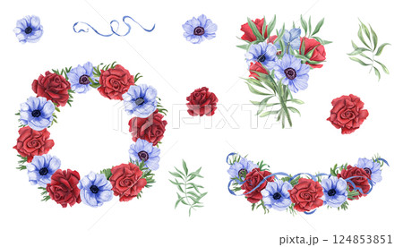 Blue, red flower bouquet, wreath, garland watercolor illustration clip art isolated background. Roses and anemones with green leaves. Set for Memorial day, Independence day greetings, national holiday 124853851