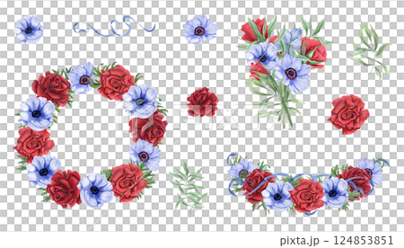 Blue, red flower bouquet, wreath, garland watercolor illustration clip art isolated background. Roses and anemones with green leaves. Set for Memorial day, Independence day greetings, national holiday 124853851