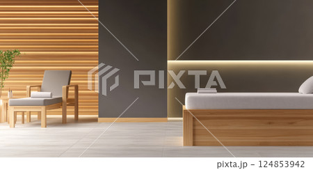 Modern minimalist bedroom design with wood accents and soft lighting for relaxation 124853942