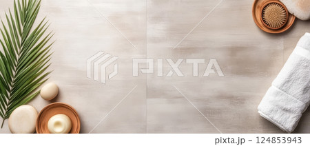 Spa setup with natural elements for relaxation and self-care on a serene surface 124853943