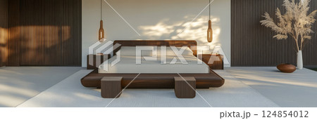Modern bedroom interior with natural elements in a serene environment during daylight 124854012