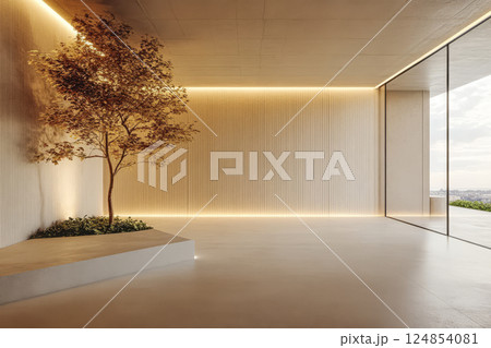 Modern interior space featuring minimalist design and natural elements in urban setting Modern interior space featuring minimalist design and natural elements in urban setting 124854081