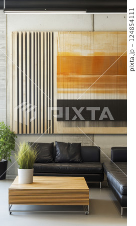 Modern minimalist interior design featuring abstract wall art and a sleek lounge area 124854111