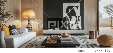 Modern living room with minimalistic decor and natural light in cozy home environment Modern living room with minimalistic decor and natural light in cozy home environment 124854115