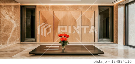 Modern design features elegant wood paneling and vibrant flowers in a large lobby 124854116