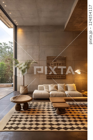 Stylish living room featuring a modern design with natural elements and earthy tones 124854117