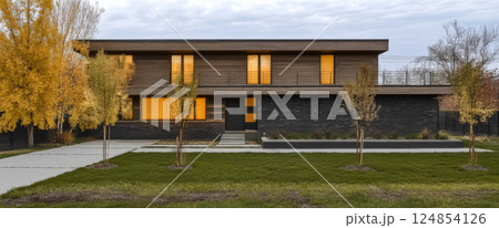 Modern architectural design of a minimalist house with golden windows in autumn setting Modern architectural design of a minimalist house with golden windows in autumn setting 124854126