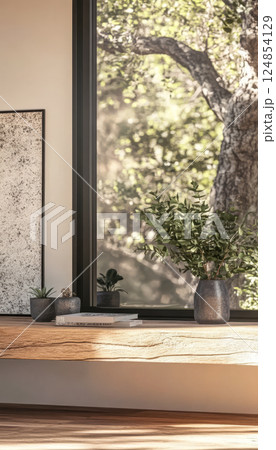 Modern interior design featuring a wooden shelf and plants beside a large window with greenery 124854129