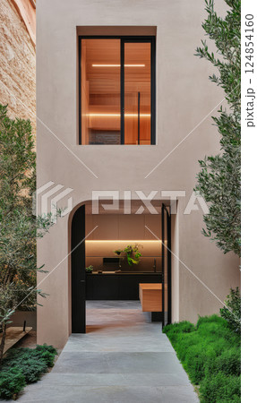 Modern architectural design showcasing an elegant entryway with natural greenery Modern architectural design showcasing an elegant entryway with natural greenery 124854160