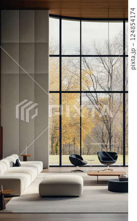 Modern living room interior with expansive windows and autumn view in peaceful setting Modern living room interior with expansive windows and autumn view in peaceful setting 124854174