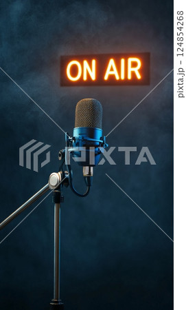 Professional microphone is recording audio in a studio or on stage with an on air sign illuminated, creating a captivating scene of live performance or broadcast 124854268