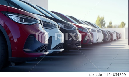Many modern electric and hybrid cars are neatly parked in a row at a car dealership, showcasing a variety of colors and models ready for customers to choose from 124854269