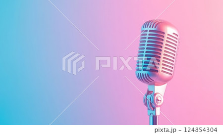 Vintage microphone stands on a gradient blue and pink background, evoking the atmosphere of singing, recording studios, and open mic comedy or musical performances 124854304