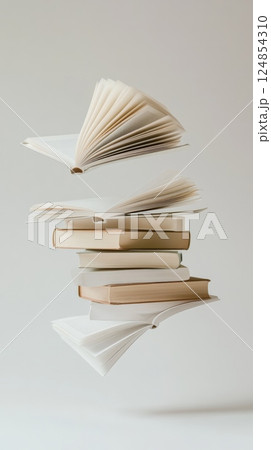 Open and closed books are levitating on a plain background, creating a visually appealing composition that promotes the joy of reading and literature Open and closed books are levitating on a plain background, creating a visually appealing composition that promotes the joy of reading and literature 124854310