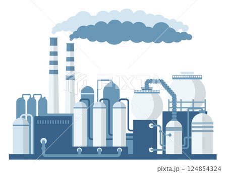 Industrial Zone. Chemical manufacture. Grey Hydrogen Production. Vector Illustration Industrial Zone. Chemical manufacture. Grey Hydrogen Production. Vector Illustration 124854324