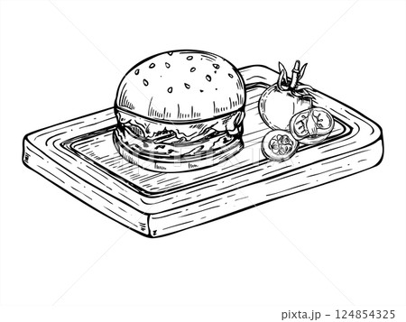 Juicy smash burger with fresh tomato slices served on rustic wooden board black ink vector illustration. Mustard fried patty with vegetables, cheese and grilled meat. For menus, fast food branding. Juicy smash burger with fresh tomato slices served on rustic wooden board black ink vector illustration. Mustard fried patty with vegetables, cheese and grilled meat. For menus, fast food branding. 124854325