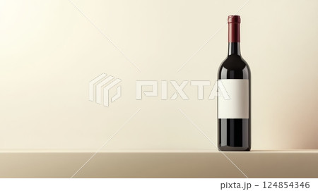 Wine bottle featuring a blank white label, positioned on a shelf against a plain wall, offering ample copy space for branding and design elements, perfect for marketing purposes Wine bottle featuring a blank white label, positioned on a shelf against a plain wall, offering ample copy space for branding and design elements, perfect for marketing purposes 124854346