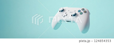 White wireless gamepad levitating on a turquoise background, representing a modern gaming experience with a minimalist aesthetic, ideal for gaming and technology related projects 124854353