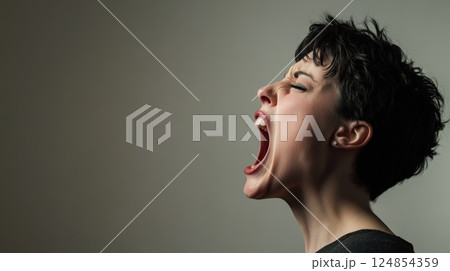 Side view portrait of a young woman shouting with wide open mouth and closed eyes, expressing emotions of anger, stress, or excitement against a neutral background 124854359