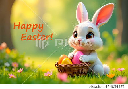 Easter card with cartoon bunny and dyed eggs in basket on spring forest background with message Easter card with cartoon bunny and dyed eggs in basket on spring forest background with message 124854371
