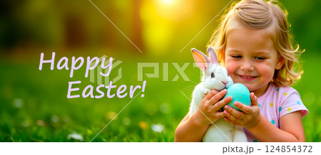 Little girl hugging bunny and holding colored eggs. Easter card banner with greetings Little girl hugging bunny and holding colored eggs. Easter card banner with greetings 124854372