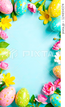 Frame of easter eggs and flowers on blue background with copy space 124854374