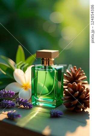 Perfume in green bottle next to magnolia flowers, lilacs and pinecones. Fragrance composition 124854386