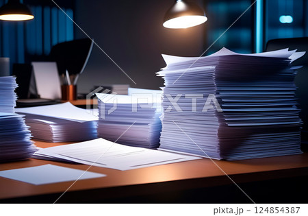 Large stacks of papers on an office desk under lamp in dimly lit workspace at night. Working at odd hours 124854387