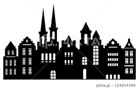 Laser cutting building of Amsterdam style. Urban abstract background. Laser cut silhouette Laser cutting building of Amsterdam style. Urban abstract background. Laser cut silhouette 124854394