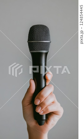 Hand gripping a microphone firmly, poised for a vocal performance, speech, or presentation, set against a neutral gray backdrop that enhances focus on the action 124854445