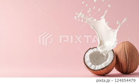 Coconut milk is splashing from a levitating opened coconut half, next to a whole coconut, on a clean pink background, creating a dynamic and refreshing scene 124854479