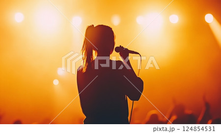 Silhouette of female singer performing live on a brightly lit stage, holding microphone and captivating audience with her powerful voice and energetic presence Silhouette of female singer performing live on a brightly lit stage, holding microphone and captivating audience with her powerful voice and energetic presence 124854531