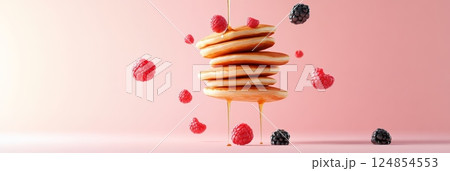 Stack of pancakes is levitating in the air with syrup dripping and fresh raspberries and blackberries floating around on a pink background, creating a visually appealing and delicious scene Stack of pancakes is levitating in the air with syrup dripping and fresh raspberries and blackberries floating around on a pink background, creating a visually appealing and delicious scene 124854553