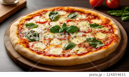 Mouthwatering cheese pizza topped with fresh basil leaves and melted cheese on a platter Mouthwatering cheese pizza topped with fresh basil leaves and melted cheese on a platter 124854631