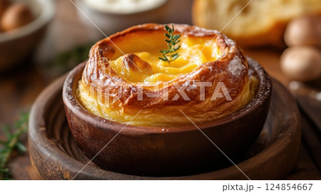 Rustic wooden bowl filled with assorted pastries perfect for sharing or enjoying individually 124854667