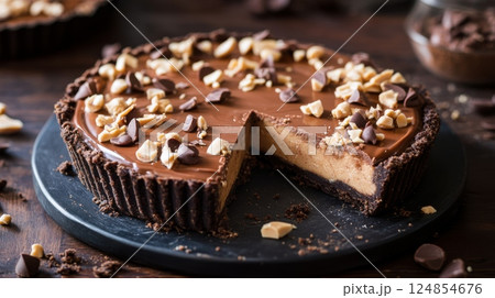 Luxurious chocolate tart with rich filling and a slice removed to showcase irresistible layers 124854676