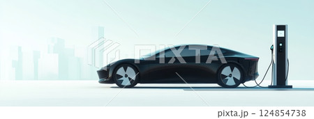 Sleek, black electric car charging at a modern charging station against the backdrop of a futuristic cityscape, showcasing sustainable transportation and urban innovation 124854738