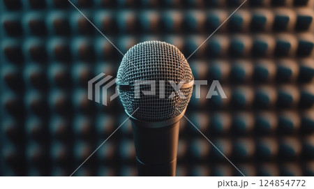 Professional microphone capturing sound in a recording studio, ready for singers and musicians creating music, podcasts, or voiceovers for various audio projects 124854772