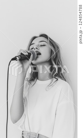 Young woman with closed eyes passionately singing into microphone, showcasing her talent and love for music against a minimalist white backdrop 124854788